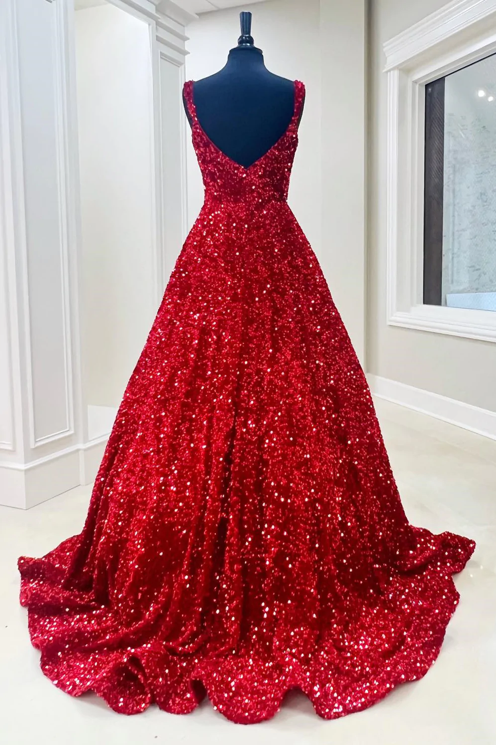 Modest A-line Sparkly Red Sequin Elegant Formal Prom Dresses, Ball Gow –  SposaBridal